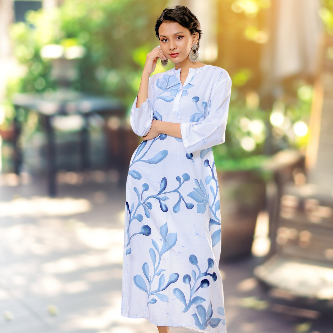 Blue Bloom White Tunic Dress Batik Isle Blue Bloom White Tunic Dress Batik Isle