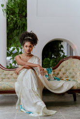 Simon - White Saree with Cream and Blue Flowers