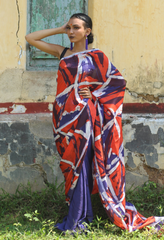 Dee- Red, Blue and White print saree