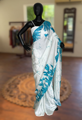 Ocean Waves - Blue and White Abstract Waves saree