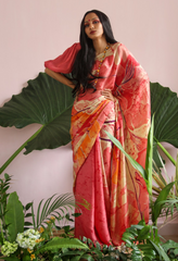 Ameata- Pink and Red floral print saree