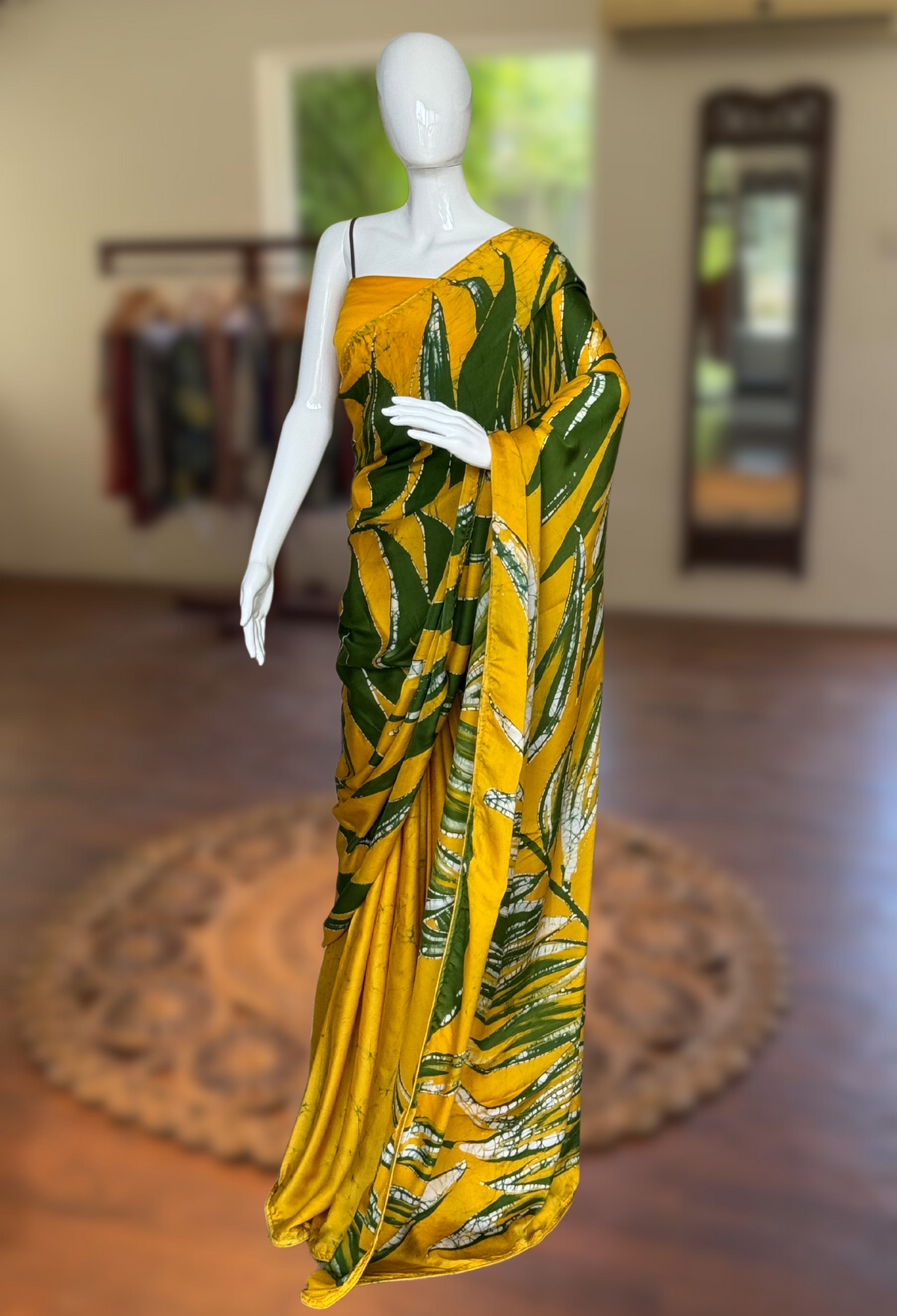 Island Palm - Yellow and Green Leaf Print Saree